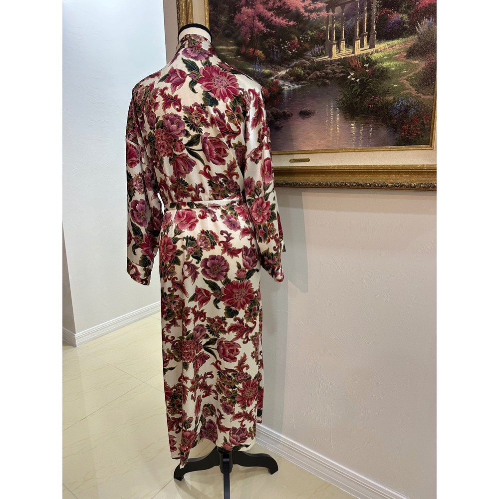 Dentelle Vintage Floral Maxi Robe Satin Wrap Long Kimono Made in USA Large - Picture 3 of 10